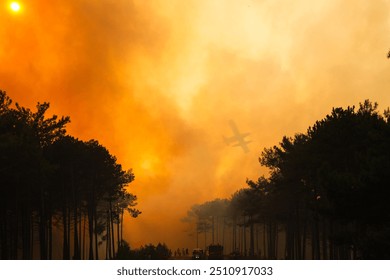 Firefighting plane drops water over a blazing forest, with silhouetted firefighters battling the intense wildfire beneath an orange, smoke-filled sky A powerful image of emergency response and heroism - Powered by Shutterstock