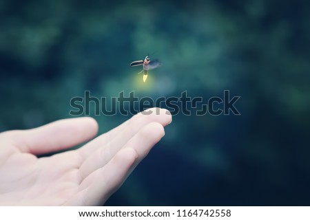 Firefly flying away from a child's hand, shallow focus on hand, motion blur on firefly