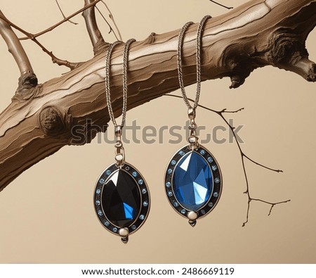 Firefly two neckless with gold chain and blue pendents hang from a thin deciduous tree branch