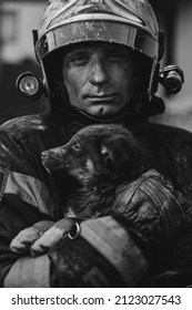 Fireman In Equipment Holding A Dog