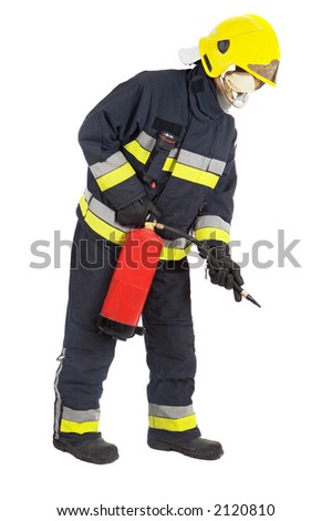 fireman extinguishing the fire with white bottom