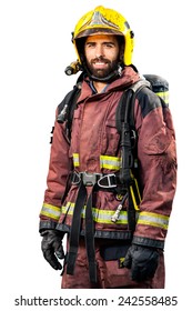 Fireman In Fire Fighting Gear Isolated On White Background.