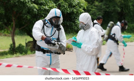 Firemen Attending An Emergency Action Plan And Safety Management Training In Case Of Chemical Leaking.