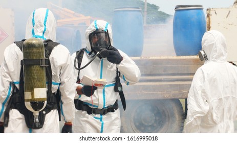 Firemen Attending An Emergency Action Plan And Safety Management Training In Case Of Chemical Leaking.