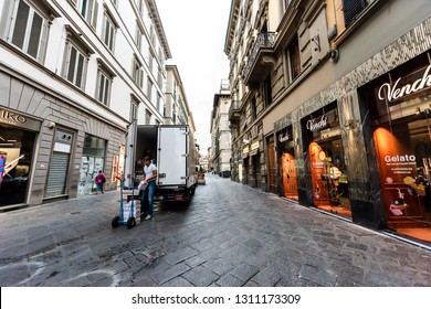 Firenze, Italy - August 31, 2018: Outside Exterior Store Buildings In Tuscany On Via Dei Calzaiuoli Alley Street In Morning Wide Angle View With Delivery Truck