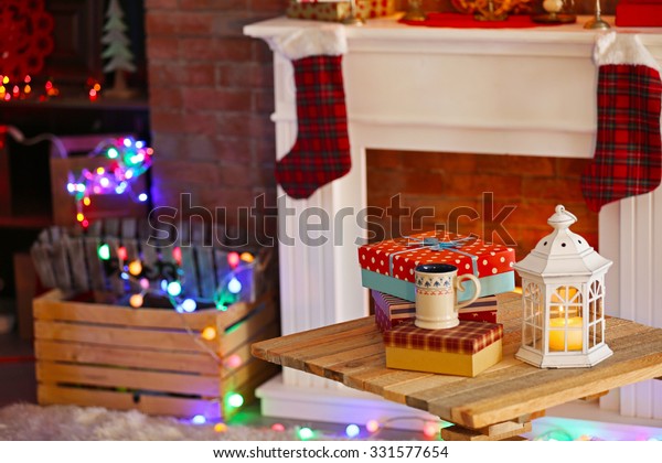 Fireplace Beautiful Christmas Decorations Comfortable Living Stock