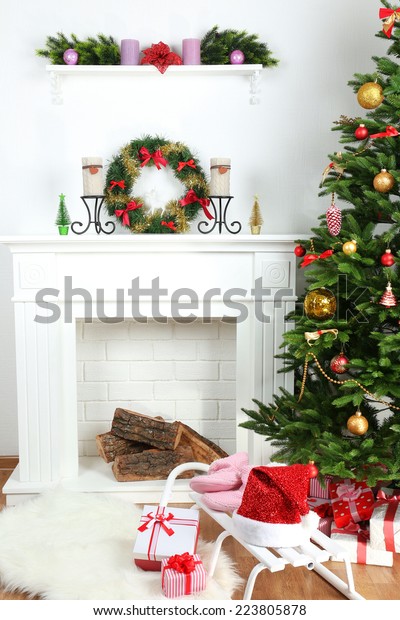 Fireplace Beautiful Christmas Decorations Room Stock Photo Edit