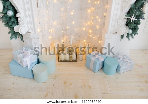 Fireplace Blue White Christmas Decorations Present Stock Photo