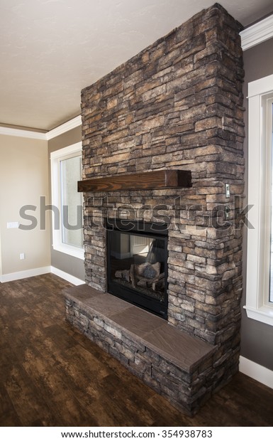 Fireplace Built Stone Wooden Mantel Stock Photo Edit Now 354938783