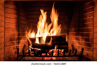 Fireplace Burning Wood Logs, Cozy Warm Home Christmas Time