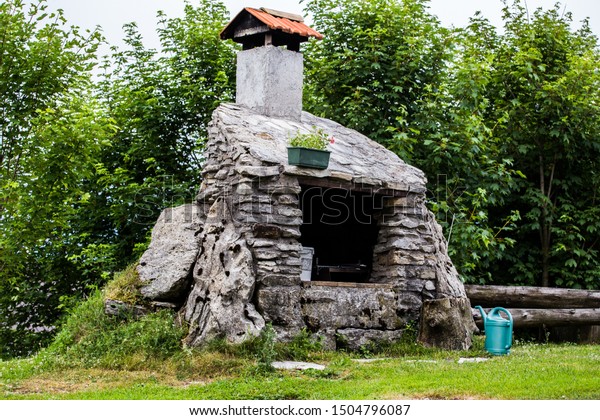 Fireplace Chimney Made Decorative Stones Standing Stock Photo