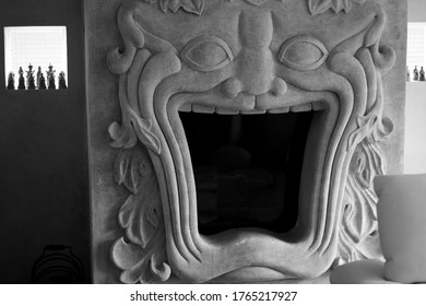 Fireplace Chimney Statue Monster Big Mouth Black And White