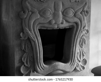 Fireplace Chimney Statue Monster Big Mouth Black And White