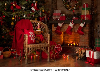 Fireplace and Christmas tree background. Festive interior inside wooden house, New Year's cheerful mood Spirit of Christmas.  - Powered by Shutterstock