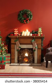 Fireplace Decorated For Christmas