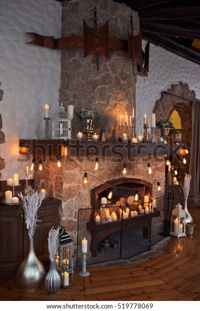 Fireplace Decoration Electric Bulbs Hang Over Stock Photo Edit