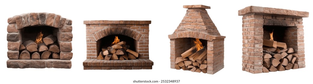 Fireplace with exposed bricks on a transparent background. Set of traditional brick and stone fireplaces with stacked logs and a small fire burning inside.