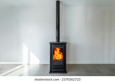 Fireplace inside house modern living room. Cosy living room with wood burner stove with burning flame behind a glass door 