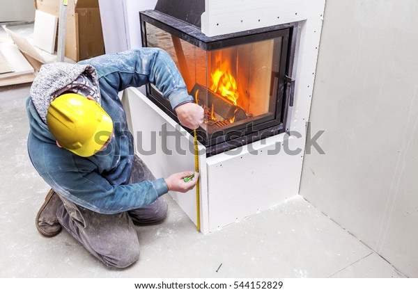 Fireplace Installing Fireplace Made Calcium Silicate Stock Photo