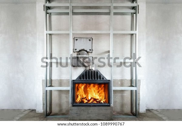 Fireplace Installing Metal Frame Installing Fire Stock Photo Edit
