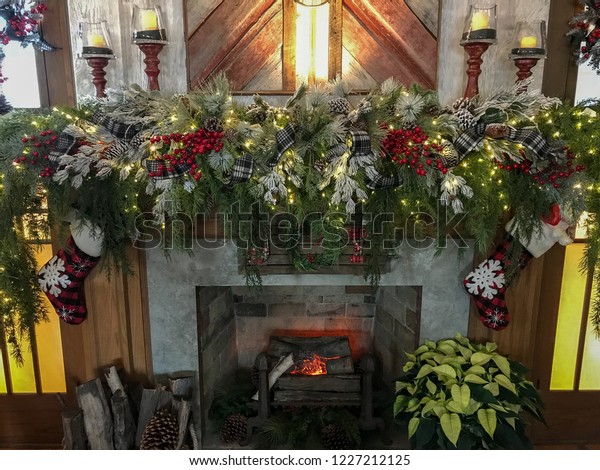 Fireplace Mantel Decorations Christmas Holiday Evergreens Stock