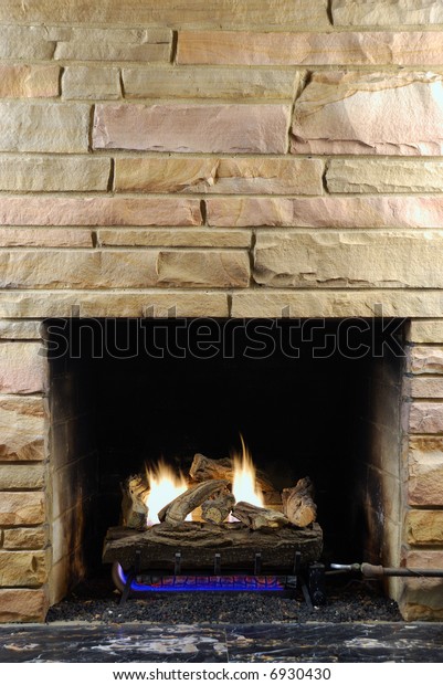 Fireplace Modern Stone Gas Logs Stock Photo Edit Now 6930430