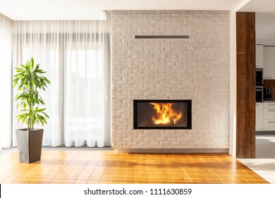 Fireplace on brick wall in bright living room interior of house with plant and windows. Real photo