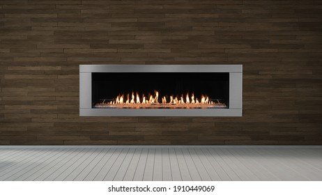 Fireplace on brown wall in empty living room interior of house.