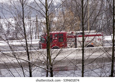 FIRETRUCK ON THE HIGHWAY - DECEMBER 19, 2016: Burnaby's Firetruck Was Photographed In The Action On Trans-Canada Highway, Near Vancouver. British Columbia, Canada