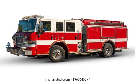 Firetruck or Red Fire engine. American fire truck on white isolated background. Emergency vehicle. Real full size car. American Rescue Service. 