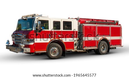 Firetruck or Red Fire engine. American fire truck on white isolated background. Emergency vehicle. Real full size car. American Rescue Service. 