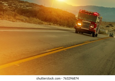 Firetruck Speeding On Highway In California, USA. Fire Department Call To Action.