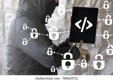 Firewall and Antivirus API Mobile Computing Development concept. Hacker using programming code hacks tablet computer. Cyber Digital Electronic Device Security.