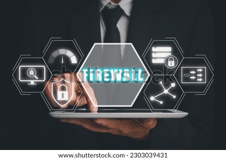 Firewall computing security concept, Person using digital tablet with Firewall icon on virtual screen, Business, Technology, Internet and network.
