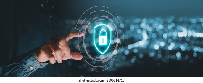 Firewall and internet security concept, Person hand holding VR screen protection icon with city scape bokeh background, Data protection and network security, insurance business. - Shutterstock ID 2196814715