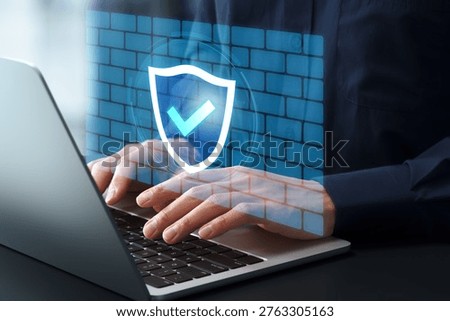 Firewall and network protection. Internet security system. Businessman using laptop computer. Shield and check mark icon.