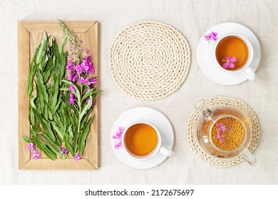 Fireweed tea in white cups and transparent glass teapot, herbal hot tea from green leaves of ivan chai on textile linen tablecloth. Top view healthy drink and wild flowering willow-herb, tea time