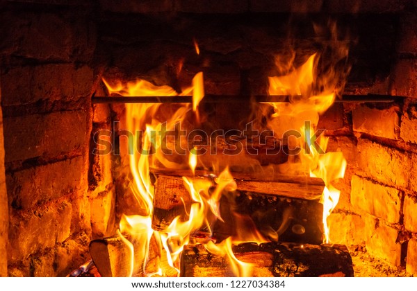 Firewood Burning Fire Burns Fireplace Brick Stock Photo Edit Now