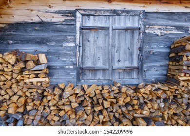 Firewood On The Wall Of A Ski Lodge In The Zillertal