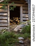 Firewood shed in Southern Konnevesi National Park, Finland. Selective focus