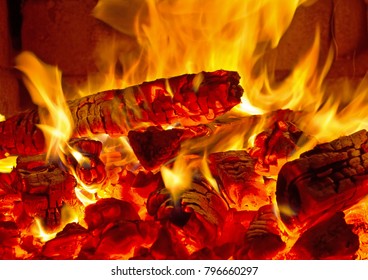 Firewood,burning, Fire,embers, In The Stove,the Concept Of Wood Heating,