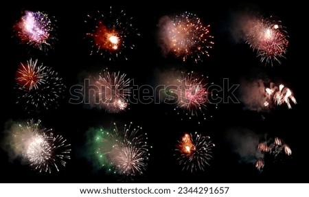 Firework. Colorful set of fireworks showing on dark sky at night time for special celebration day on black background