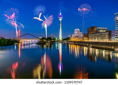 Firework In Dusseldorf Media Harbor. Japanese Day , New Years Day.