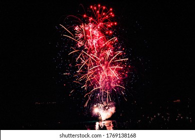 Firework Finale. Fireworks At Its Finest Over Lake Tahoe Lake. Shot From Large Boat.