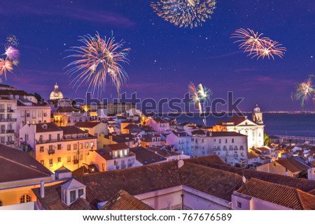Fireworks above the district Alfama at new years eve in the portuguese capital Lisbon - Assembly