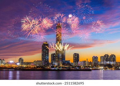 Fireworks along the Han River in International Fireworks Festival at Yeouido, Seoul, South Korea. - Powered by Shutterstock