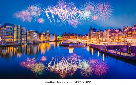 Fireworks In Amsterdam , Netherlands 