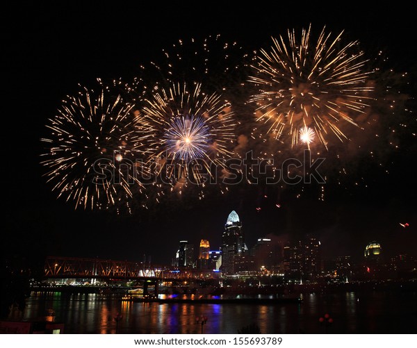 Fireworks Bursting Over City Cincinnati Ohio Stock Photo