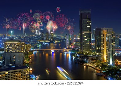 Fireworks Celebration In The Business District Of Bangkok Nightlife.