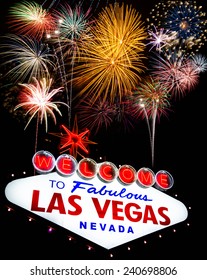 Fireworks Celebration And Fabulous Las Vegas Sign 